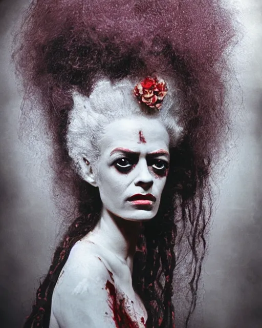 Image similar to an instant photo of a beautiful but sinister ghost bride of frankenstein in layers of fear, with haunted eyes and wild blonde hair, 1 9 7 0 s, seventies, woodlands, delicate embellishments, a little blood, crimson, painterly, offset printing technique, mary jane ansell