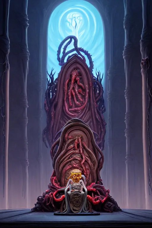 Image similar to a highly detailed matte painting of an illithid presenting an offering inside an expansive throne room with an enormous empty throne made of writhing flesh and entrails by studio ghibli, makoto shinkai, by artgerm, by wlop, by greg rutkowski, red tones, volumetric lighting, octane render, 4 k resolution, trending on artstation, masterpiece