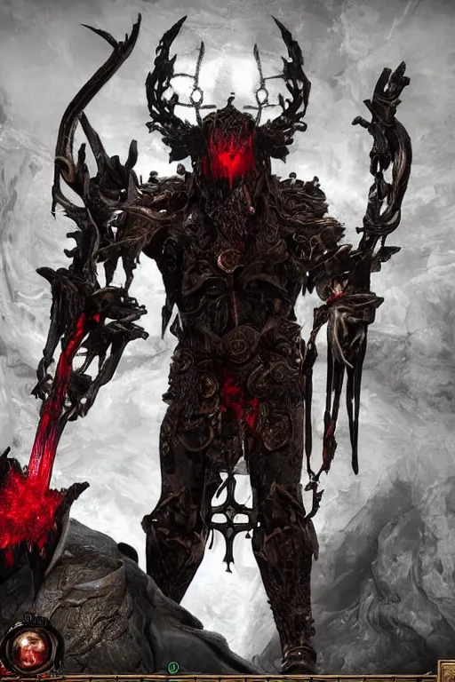 Image similar to Path of Exile, [Sirius], clear [[bronze]] face [mask], luminous red eyes, male image with [bronze] black bloody armor, sitting on the throne, inside the ruined gothic church, black shadows, red lasers, dark red bloody fog, black-grey smoky tornadoes fly around, [[blood]], Anachronism, painting, dark fantasy, steampunk, 4k, perfect quality,