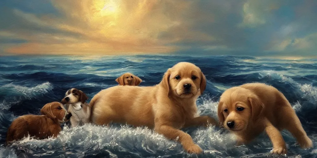 Image similar to a beautiful seascape painting with puppies, detailed, intricate