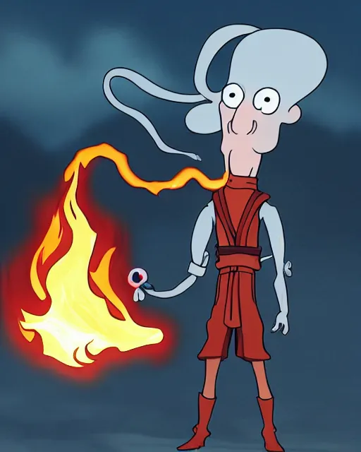 Image similar to squidward wearing fire nation clothing and practicing firebending