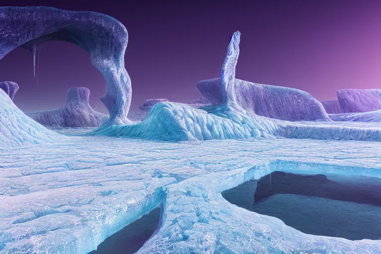 Image similar to a hd render of a surreal frozen landscape, by beeple and salvador dali