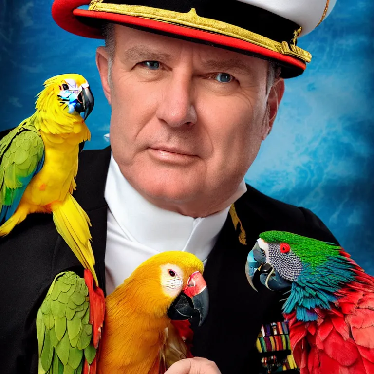 Image similar to close - up octane render portrait by wayne barlow and carlo crivelli and glenn fabry, an extremely elegant bold stern well - dressed admiral in a very powerful uniform, holding a colorful parrot, inside a colorful highly - themed nautical bar, very short depth of field, bokeh