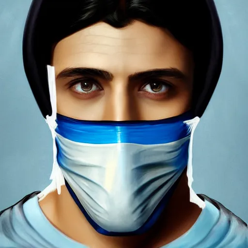 Prompt: ultra realistic illustration, man with black hair with a black medical mask, in a hood in the form of a blue shark with white teeth, red and blue eyes, mysterious, poker man, highly detailed, digital painting, artstation, concept art, smooth, sharp focus, illustration, art by artgerm and greg rutkowski and alphonse mucha