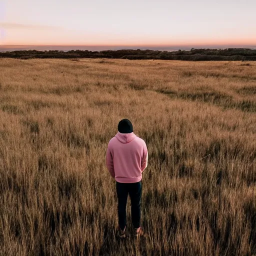 Prompt: an extreme wide shot of a man standing in a field of dead grass wearing a pale pink hoodie next to a lake