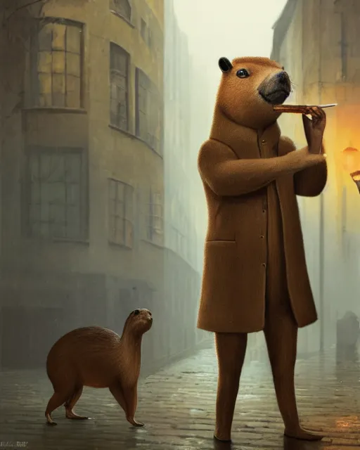 Image similar to oil painting of anthropomorphized capybara holding a smoking pipe, detective clothes, close shot, full body, old london raining background, sharp focus, fantasy style, octane render, volumetric lighting, 8k high definition, by greg rutkowski, highly detailed, trending on art Station, dungeons and dragons artwork, centered