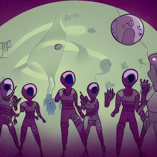 Image similar to Gray aliens pointing with their mouths open and a glowing spaceship in the background