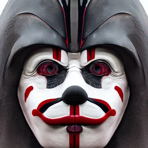 Image similar to photograph of clown darth vader hybrid, symmetrical front face portrait, by jean - baptiste monge, high quality, high resolution, 4 k, octane realphoto, raytrace, intricate, hyper detailed
