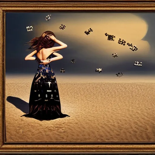 Image similar to A surreal oil painting of a puzzle containing a beautiful woman on a desert beach with scattered puzzle pieces by Salvador Dali, dark vibes, high contrast, cinematic, depth of field