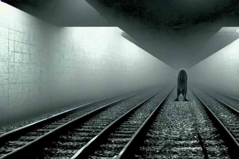 Prompt: very large giant mutant zombie irradiated ( angry rat ) staying on railways in tonnel of moscow subway. tonnel, railways, giant angry rat, furr, fangs, claws, very realistic. fog, silent hill style, extreme long shot, herman nitsch, giger, unreal engine.