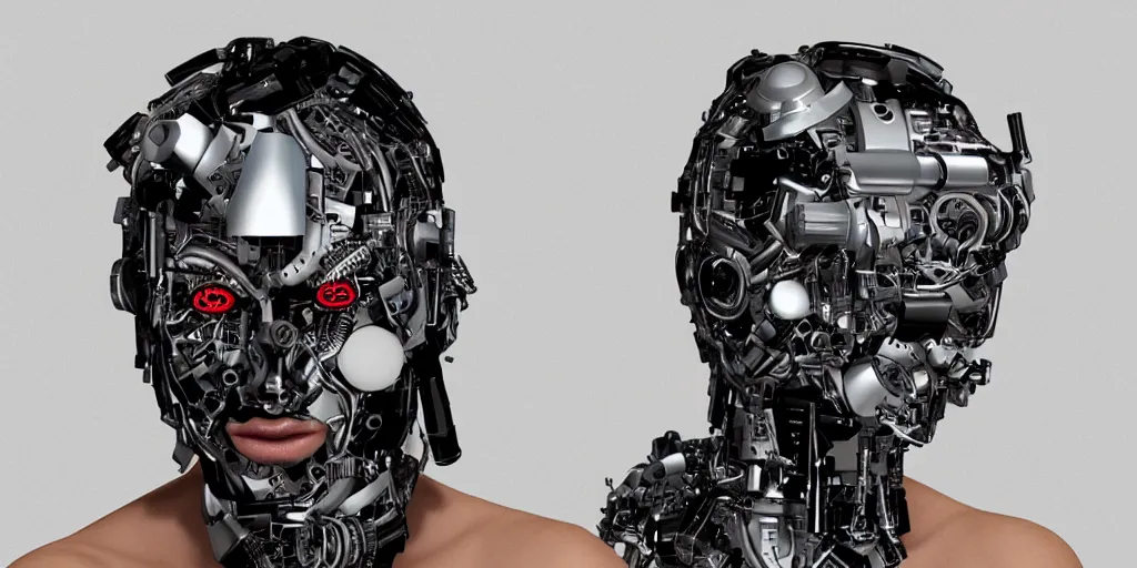 Prompt: a beautiful cyborg made of ceremonial shampoo maske