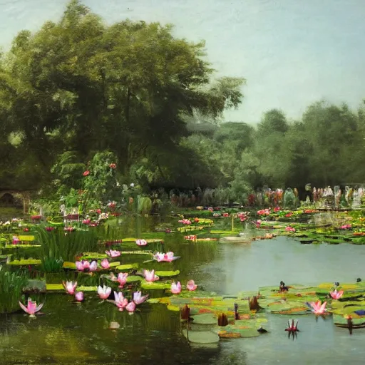 Prompt: lotus pond, Adolph Menzel, trending on artstation