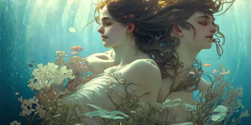 Image similar to a beautiful illustration of underwater life, intricate, sharp focus, illustration, highly detailed, digital painting, concept art, matte, art by wlop and artgerm and greg rutkowski and alphonse mucha, masterpiece