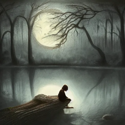 Prompt: a star - gazing girl sits on the roots of an ancient tree next to a pond, the moon can be glimpsed through the trees, towering forest veiled by fog, dark fantasy, night time, realistic painting, ultra detailed