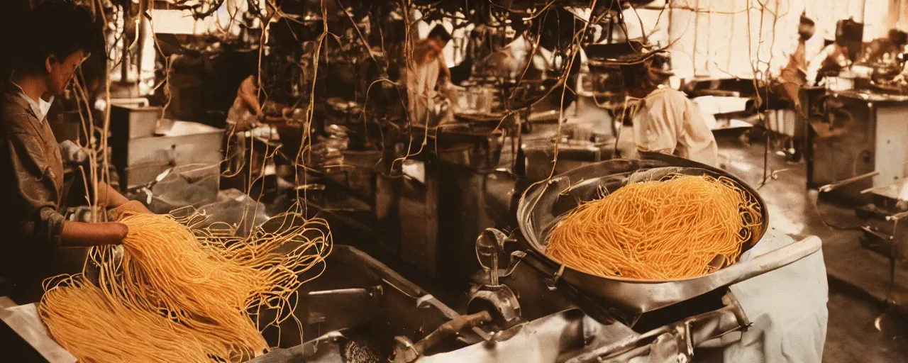 Prompt: a factory where people are processing fresh spaghetti from the tree, canon 5 0 mm, cinematic lighting, photography, retro, film, kodachrome, closeup