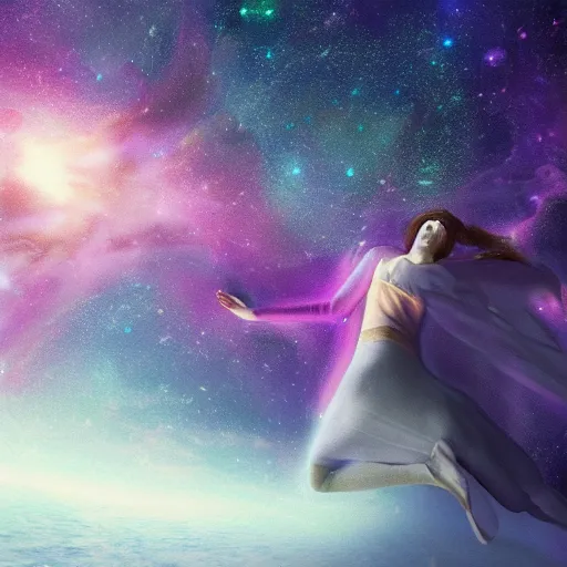 Image similar to a woman leaving her body, astral projection, astral travel, space background, cinematic, detailed, very realistic, trending on Artstation, Cgsociety