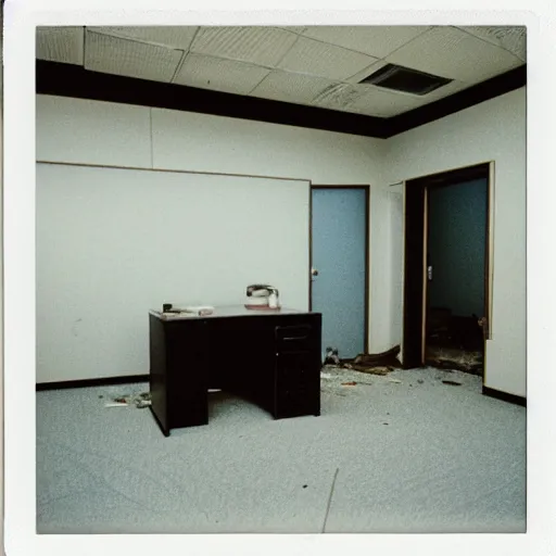 Prompt: a polaroid photo a of an abandoned and rather lonely office workspace, completely empty, desolate and devoid atmosphere, faint string lights hung on the wall can be seen, shot with portra 400