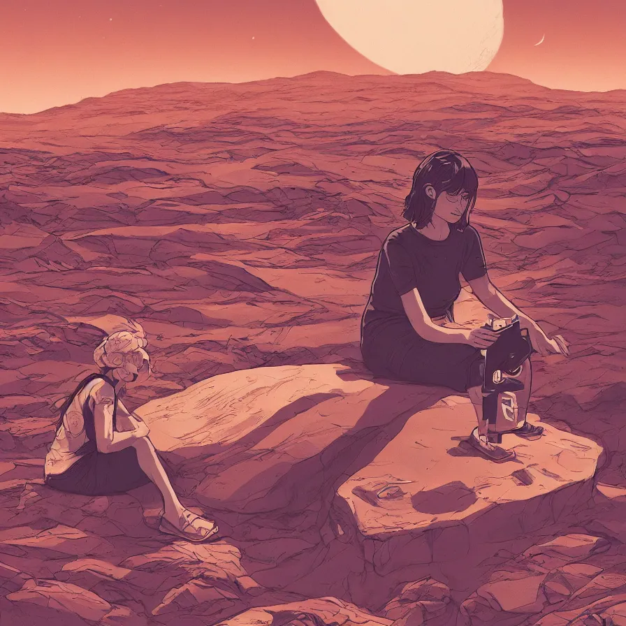 Image similar to very detailed, prophet graphic novel, ilya kuvshinov, mcbess, rutkowski, simon roy, illustration of a girl sitting alone on the surface of mars while staring at her phone, wide shot, colorful, deep shadows, astrophotography, award winning