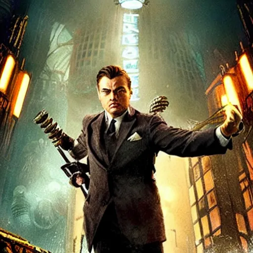 Image similar to movie poster depicting andrew ryan, portrayed by leonardo dicaprio, in a new live - action bioshock movie, the underwater city of rapture is also present