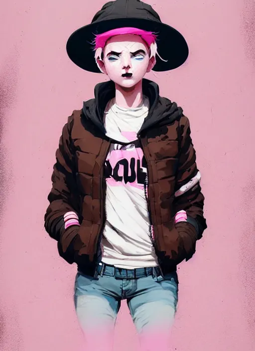 Image similar to highly detailed portrait of a street punk lady student, blue eyes, bubble jacket, hat, white hair by atey ghailan, by greg rutkowski, by greg tocchini, by james gilleard, by joe fenton, by kaethe butcher, gradient pink, black, brown and light blue color scheme, grunge aesthetic!!! ( ( graffiti tag wall background ) )