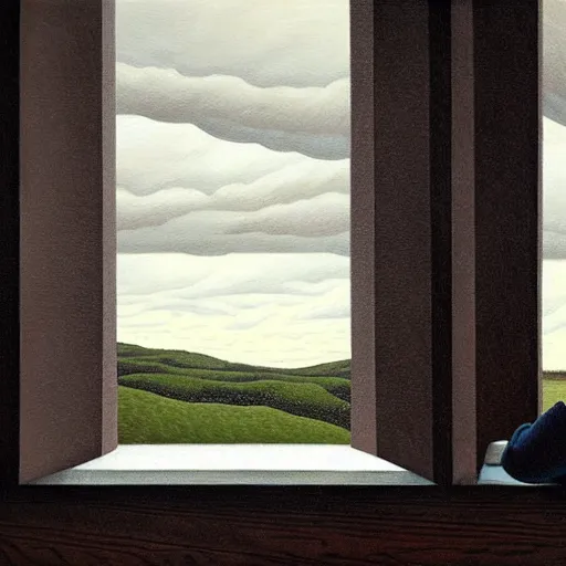 Image similar to a girl pensively looking out the window where a stormy clouds above a tumultuous sea, painting by jeffrey smith