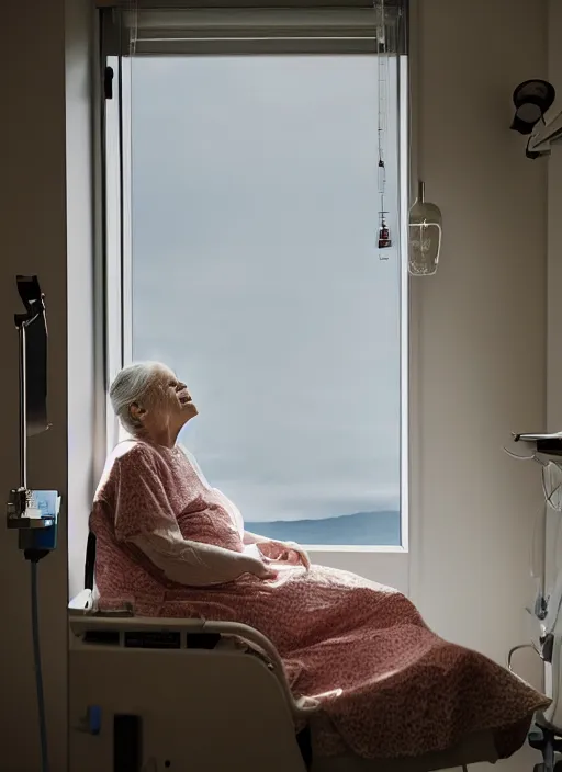 Prompt: medium shot, photo of a beautiful old woman hospital patient sitting in a norwegian hospital room with an iv drip, wearing a hospital gown, looking out window, smiling gently. studio lighting, beautiful lighting, calming, by charlie waite, max rive, caroline foster.