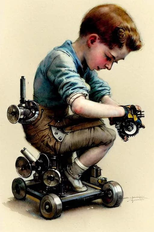 Prompt: ( ( ( ( ( 1 9 5 0 s a boy working on his robot. muted colors. ) ) ) ) ) by jean - baptiste monge!!!!!!!!!!!!!!!!!!!!!!!!!!!