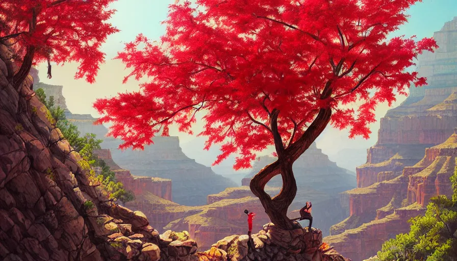 Image similar to single red maple tree growing in grand canyon, stream, tristan eaton, victo ngai, artgerm, rhads, ross draws, highly detailed, masterpiece