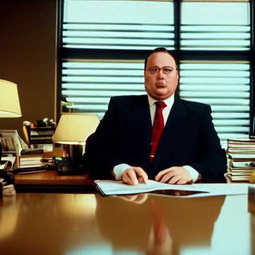 Image similar to cinematic film still from 1 9 9 4 film : portly clean - shaven white man wearing suit and necktie at his desk. he has his right foot propped up on his desk. xf iq 4, f / 1. 4, iso 2 0 0, 1 / 1 6 0 s, 8 k, raw, dramatic lighting, symmetrical balance, in - frame