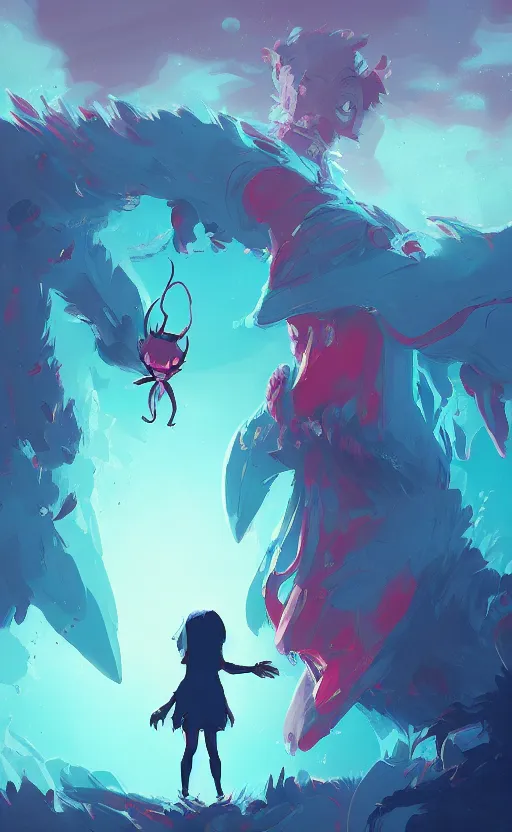 Prompt: a young girl holds hands with a demon, panel webtoon art by anton fadeev and ghibli