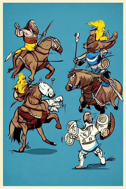 Image similar to “Poster of Blue Mini Cooper Countryman Hybrid and Viking horsemen in a battle. Retro cartoon caricature.”