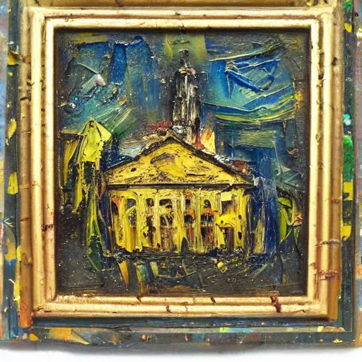 Image similar to oil paint impasto relief, a church, multi layered thick brush marks, some splattered paint, in the style of ivan shishkin and frank auerbach and van gogh