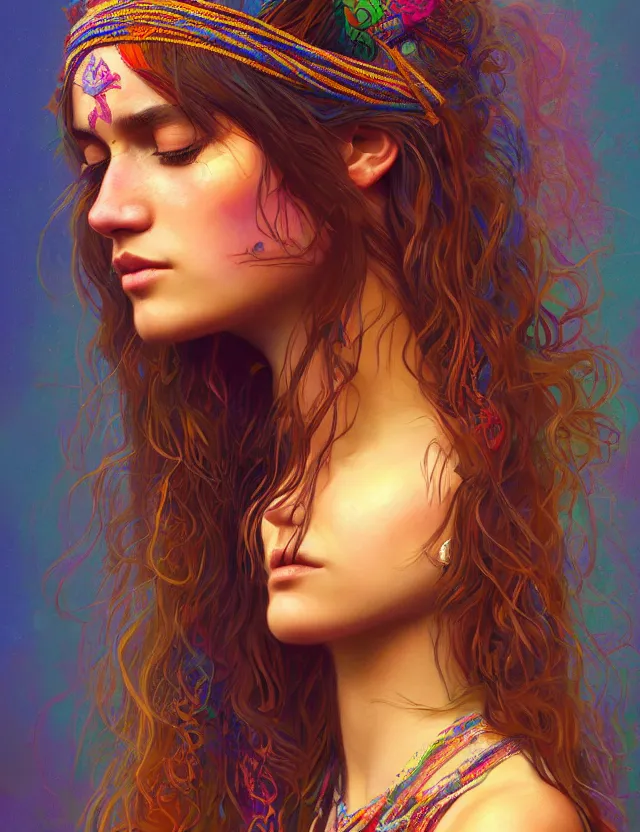 Image similar to portrait of a young woman wearing boho clothing, hippie girl, long hair, groovy hairband, bangs, woodstock background, intricate, smooth, groovy lighting, highly detailed, digital painting, artstation, concept art, smooth, sharp focus, illustration, art by wlop, mars ravelo and greg rutkowski