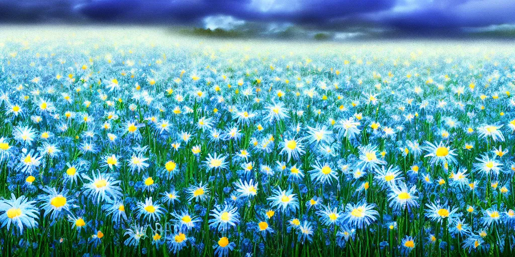 Image similar to field of light blue daisies, matte painting, white sky