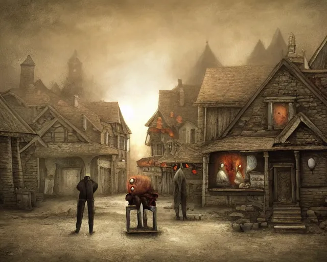 Image similar to a painting of a towns square in an eerie small village filled with bizarre otherworldly creatures walking around the town, by anton semenov