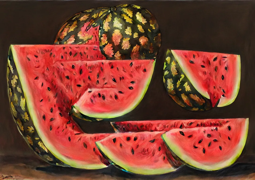 Image similar to a plate full of sliced watermelon in the style of wayne barlowe, gustav moreau, goward, bussiere, roberto ferri, santiago caruso, luis ricardo falero, frazetta