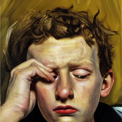 Prompt: high quality high detail painting by lucian freud, hd, portrait of a stressed boy, worried, sad, photorealistic lighting