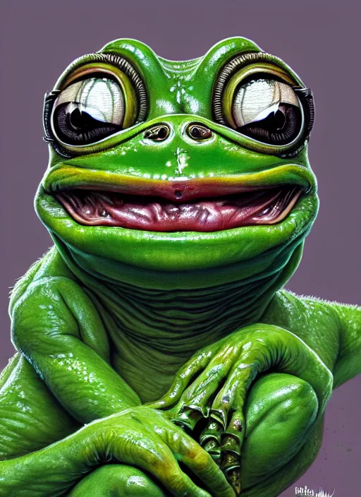 Image similar to slimy pepe the frog, drool, portrait, intricate, elegant, highly detailed, digital painting, artstation, concept art, wallpaper, smooth, sharp focus, illustration, art by h. r. giger and artgerm and greg rutkowski and alphonse mucha