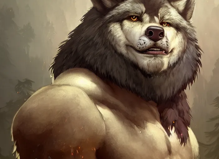 Image similar to burly tough character feature portrait of the anthro male anthropomorphic wolf fursona animal person wearing tribal primitive caveman loincloth outfit full wolf fur body standing in the entrance to the cave, head center framed character design stylized by charlie bowater, ross tran, artgerm, makoto shinkai, detailed, soft lighting, rendered in octane