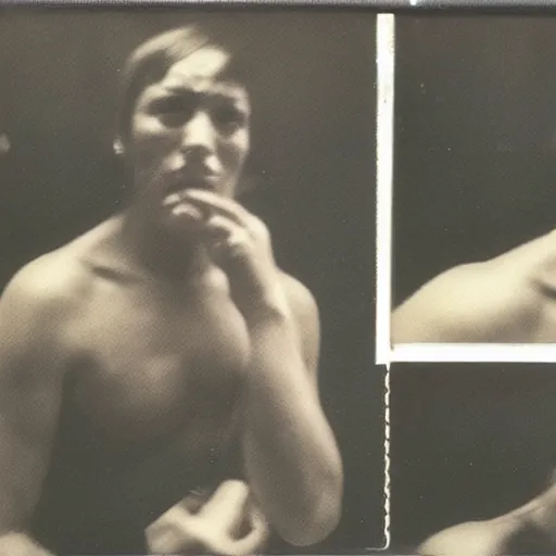 Image similar to face destructed after boxing, 1970 photography, grainy image vintage polaroid