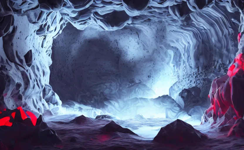 Image similar to liquid nitrogen and with red water-cooling coolant flowing through latent representations of ice caverns by centrifugal forces, gaming pc components sticking out the walls, high detail, high contrast, low-poly elements!!!!!, trending on artstation, octane render, subsurface scattering, 4k