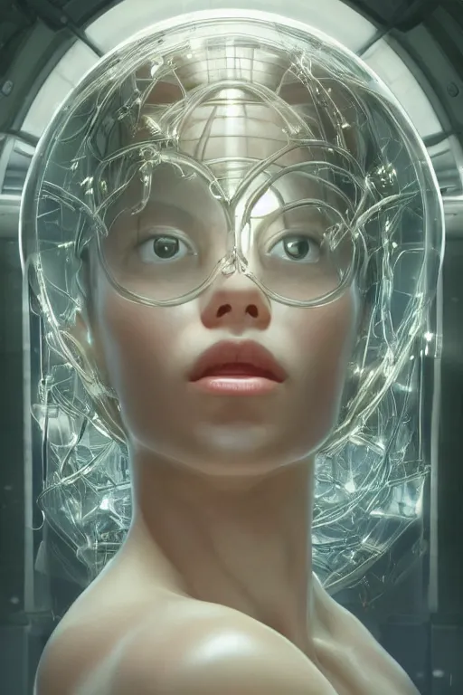 Image similar to beautiful and enigmatic ai held captive in a remote research facility. vulnerability and innocence, ultra realistic, sharp details, subsurface scattering, intricate details, warm lighting, beautiful features, highly detailed, photorealistic, octane render, 8 k, unreal engine, art by artgerm and greg rutkowski and alphonse mucha