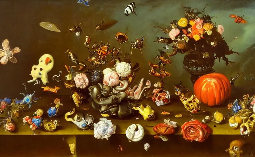 Image similar to disturbing colorful oil painting dutch golden age vanitas still life mutantflowers with bizarre objects strange gooey surfaces shiny metal bizarre insects meat rachel ruysch dali todd schorr very detailed perfect composition rule of thirds masterpiece