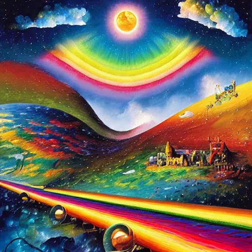 Image similar to rainbow road by james christensen, rob gonsalves, paul lehr, leonid afremov and tim white