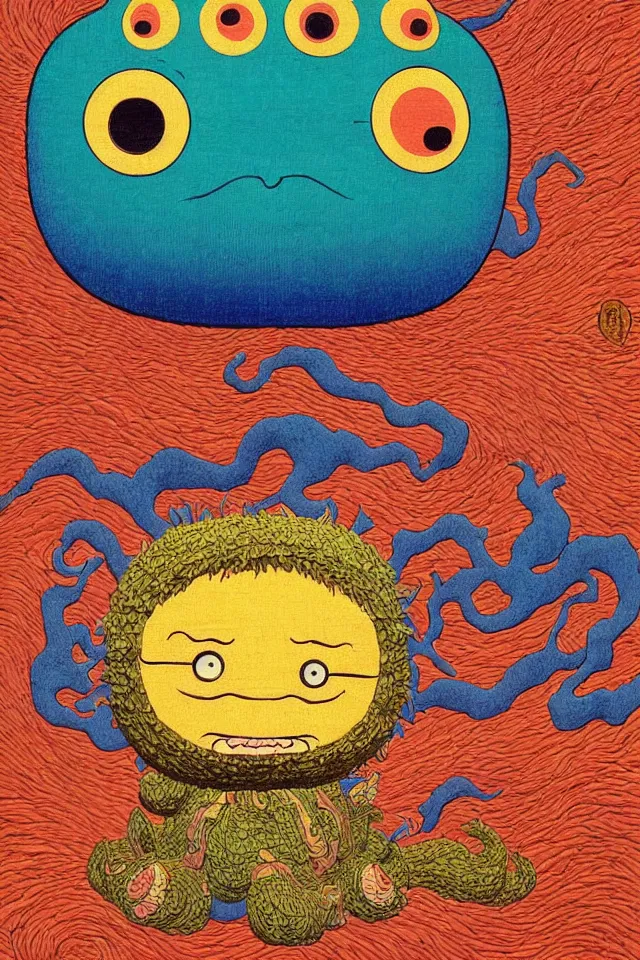 Image similar to an ukiyo - e painting of an intricate cute colorful fluffy dmt desert monster made out of burlap and coconut fiber, googly eyes, in colorful marker pen, by kokaris, naoto hattori, moebius and android jones
