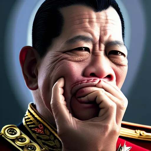 Image similar to a portrait of King Vajiralongkorn picking his nose, realistic face, grimdark extremely detailed fantasy art by Gerald Brom, octane render