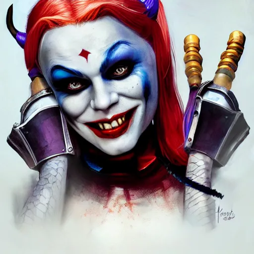 Image similar to Medieval Harley Quinn and Joker, portrait, playful, fantasy, medieval, beautiful face, vivid colrs, elegant, concept art, sharp focus, digital art, Hyper-realistic, 4K, Unreal Engine, Highly Detailed, HD, Dramatic Lighting by Brom, trending on Artstation,