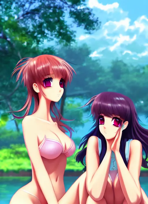 Image similar to two beautiful women out by the lake on a humid summer day, gorgeous faces, thick lines, cinematic lighting, detailed anime art