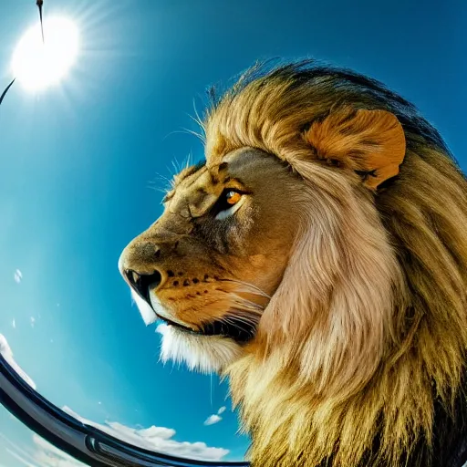 Image similar to fisheye photo of a lion, taken by Canon, photorealistic, mirrorless