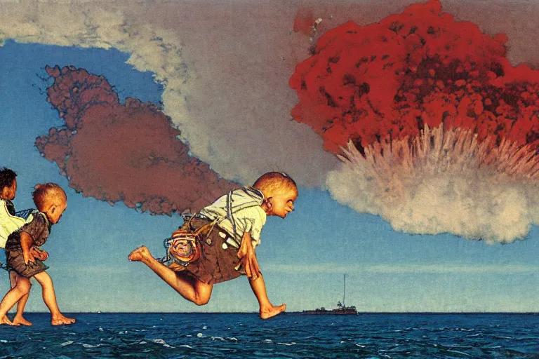 Prompt: children playing at the beach, huge atomic explosion in the background, wide angle shot, detailed, by norman rockwell, by mattias adolfsson, by moebius, oil on canvas,